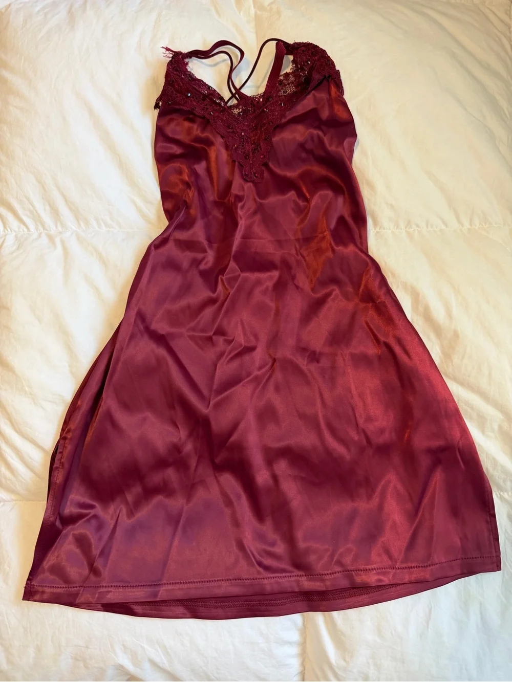 Silky Lace-Trim Burgundy Slip Dress - Girls Performance